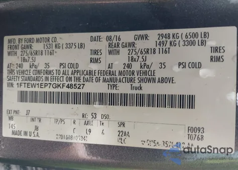 2016 Ford F-150 Xlt из США, поврежденный, VIN 1FTEW1EP7GKF48527